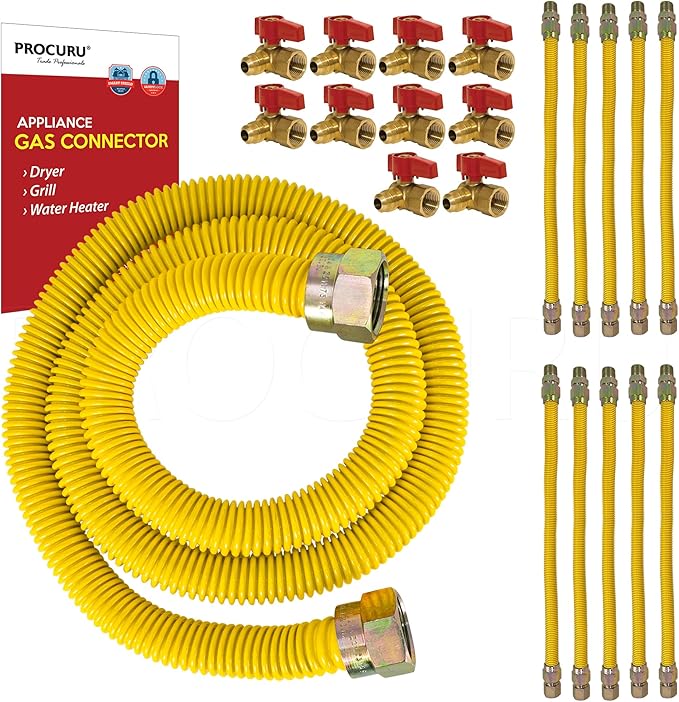 [10-Pack] PROCURU Wholesale 1/2" OD x 48" (4Ft) x 1/2"MIP x 1/2" Angle Valve, Flexible Gas Connector, Yellow-Coated Stainless Steel Tubing for Dryer, Grill, Water Heater (Red-6G1248-AV-10P)