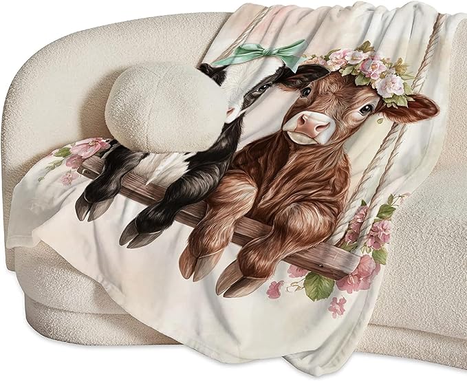 Cute Ultra Soft Cozy Swing Blanket - Fleece Fuzzy Plush Cattle Cow Lovers Decor Gifts for Women Girls Adults - 50"x40"