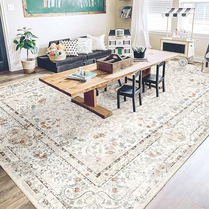 9x12 Area Rugs Washable,Boho Rug for Living Room Bedroom Dining Room,Large Vintage Bohemian Distressed Carpet Non Slip,Beige