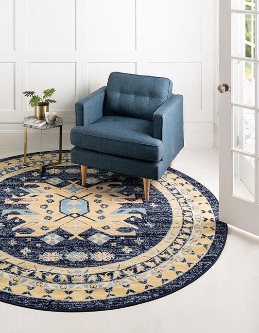 Unique Loom Taftan Collection Border Geometric Tribal Inspired Design Area Rug (8' 0 x 8' 0 Round, Navy Blue/ Gold)