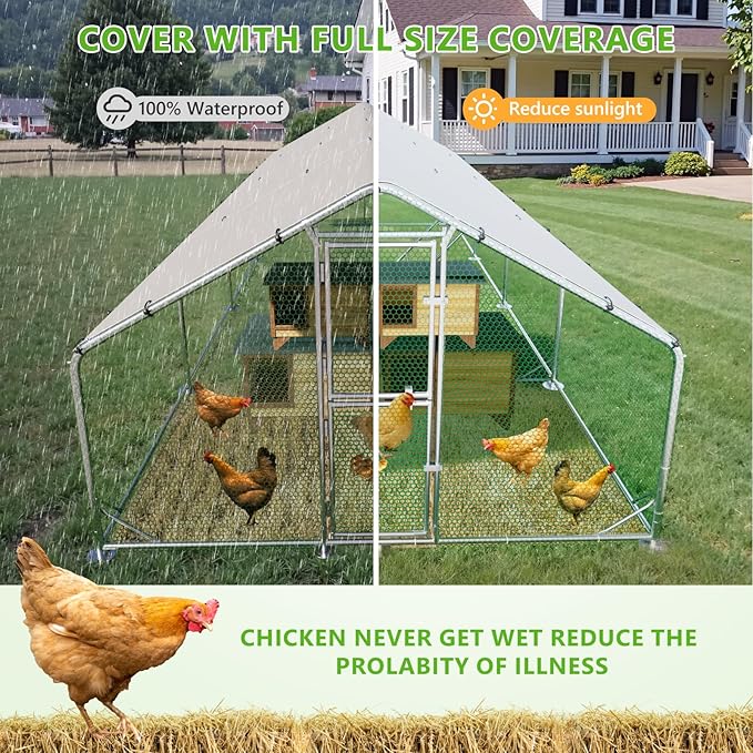Large Chicken Coop,Metal Chicken Run for Yard with Feeding Door,Walk-in Chicken Pen for 30-40 Chickens,Outdoor Poultry Cage with Anti-UV Cover,Duck Rabbit House