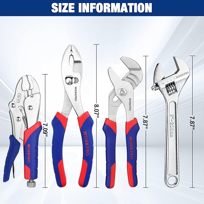WORKPRO Pliers Set 4-piece Locking Plier Slip-joint Plier Groove Joint Pliers and Adjustable Wrench Home Maintenance Tool Kit