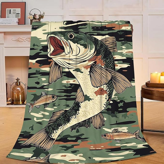 Bass Fish Blanket Fishing Throw Blanket Soft Warm Cozy Fuzzy Plush Camo Fishes Throw Blanket Gifts for Girls Women Fish Lightweight Fleece Flannel Gift Blankets for Kids Adults 40"X50"