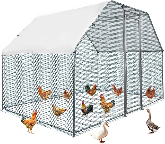 VINGLI Chicken Coop, Large Metal Poultry Cage for Chicken Run, Walk-in Chicken Pen with Waterproof & Anti-UV Cover Outdoor (Silver-Flat Roof, 6.5 * 9.8 * 6.5 ft)