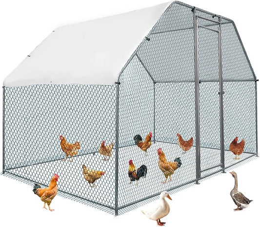 VINGLI Chicken Coop, Large Metal Poultry Cage for Chicken Run, Walk-in Chicken Pen with Waterproof & Anti-UV Cover Outdoor (Silver-Flat Roof, 6.5 * 9.8 * 6.5 ft)