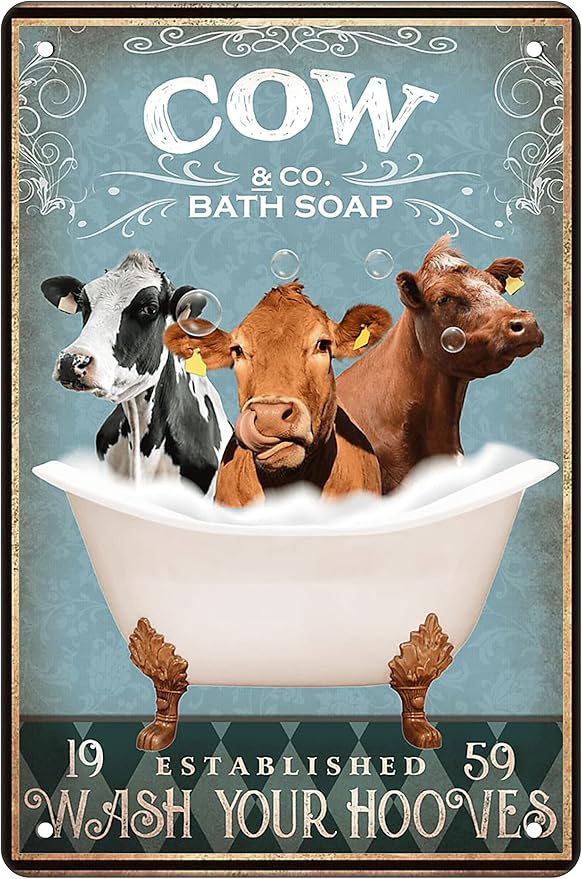 Funny Cow Bathtub Decor - Cow Accessories Farm Decor Signs Wall Art Poster Retro Bar Home Bathroom Wall Decoration 8x12 Inch