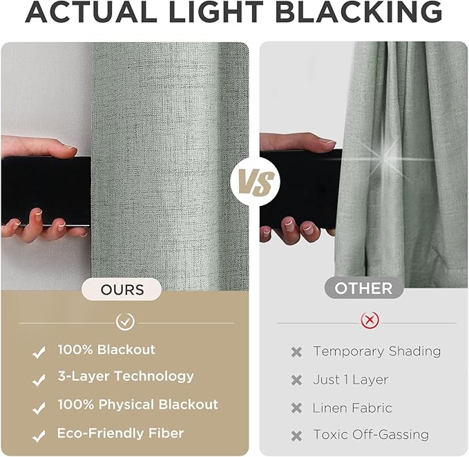 Joydeco Blackout Curtains 90 Inches Long 2 Panels Burg, Room Darkening Curtains for Bedroom, 100% Black Out Textured Thermal Drapes Privacy Protection 2 Panels Set(W52 x L90 Inch, Sage Green)