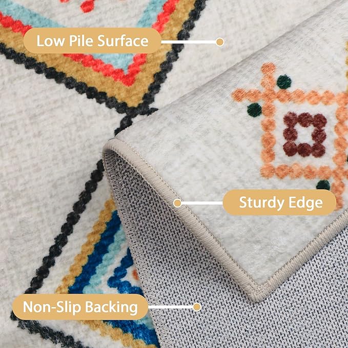 GENIMO Machine Washable 3x5 Area Rugs for Living Room, Non Slip Vintage Rugs, Low Pile Lightweight Chenille Print Rug for Bedroom, Dining Room, Home Office, Rainbow