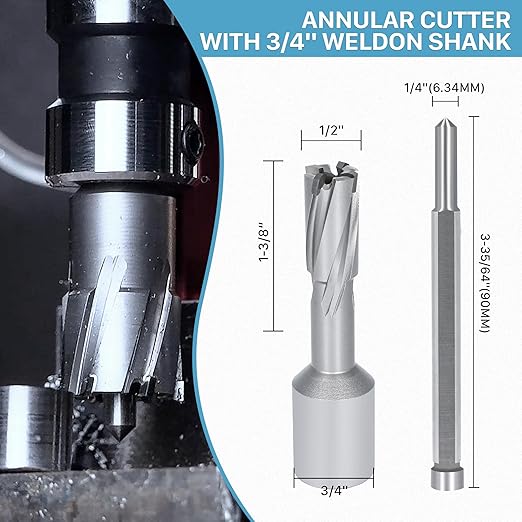 KEENTECH 2-PC Carbide-Tipped Annular Cutter Set, 1/2" Dia x 1-3/8" Depth, 3/4" Weldon Shank (2 Flat), High Speed Cutting TCT Mag Drill Bit with Pilot Pin for Harder Material
