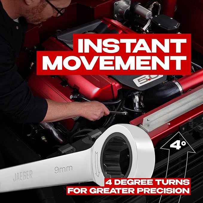 Jaeger 9 mm Ratchet Combination Wrench with Precision Movement and Hardened, Polished Steel for Projects with Metric Tight Spaces