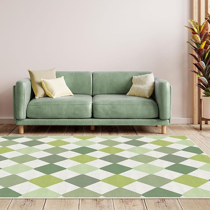 Checkered Washable Area Rugs 5x7 Diamond Non-Slip Modern Soft Large Carpet for Living Room Entryway Bedroom Farmhouse Green