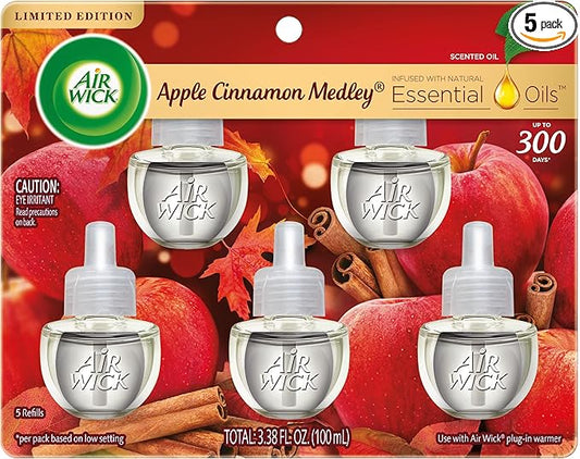 Air Wick Plug In Scented Oil Refill,Fall Scent, Fall Décor, Apple Cinnamon Medley, 5 ct