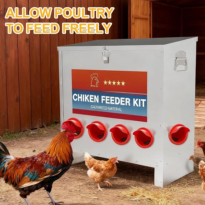 Automatic Chicken Feeder Large Capacity 85lbs Metal Chicken Feeder with Latch & Handle for Chickens, Geese, Ducks, Turkeys, Quails, Weatherproof (6-Port)