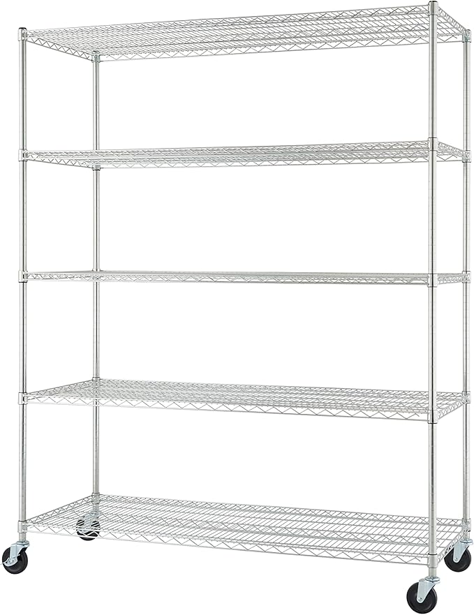 Trinity Basics TBFC-0931 5-Tier Adjustable Wire Shelving with Wheels for Kitchen Organization, Garage Storage, Laundry Room, NSF Certified, 600 to 2250 Pound Capacity, 60” by 24” by 77”, Chrome