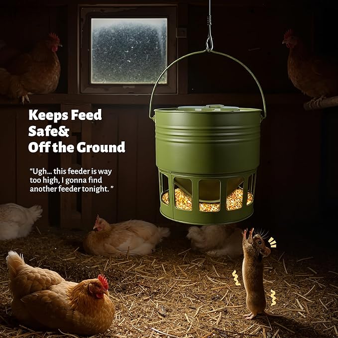 Hanging Chicken Feeder – 20lbs Metal Chicken Feeder, Adjustable Poultry Feeder with 12 Ports, No Installation & Universal Height Design (Avocado Green, 20lbs)