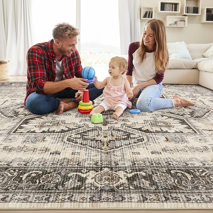 Area Rug for Living Room - 9x12 Soft Machine Washable Oriental Vintage Floral Distressed Large Indoor Floor Carpet for Bedroom Under Dining Table Home Office Decor - Grey Brown