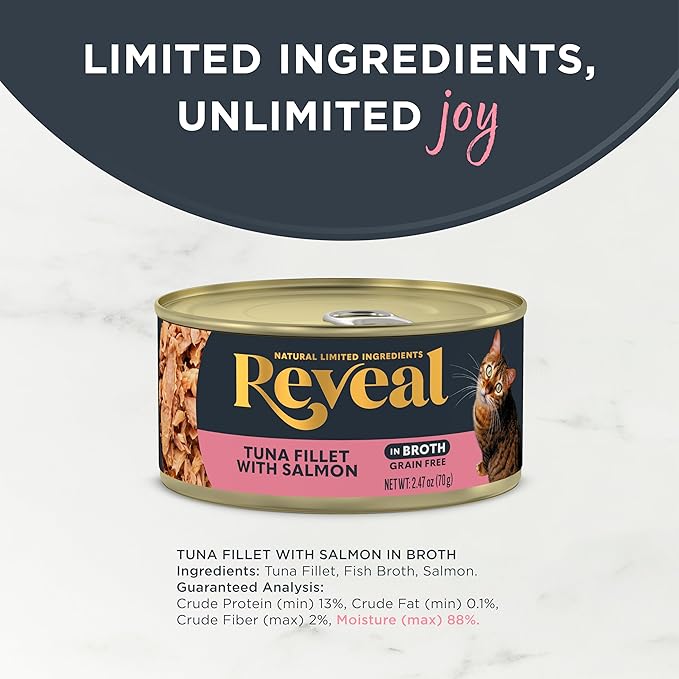 Reveal Natural Wet Canned Cat Food, Limited and Natural Ingredients, Grain Free, High Protein with No Artificial Additives, Tuna Fillet with Salmon in Broth (24 x 2.47 oz Cans)