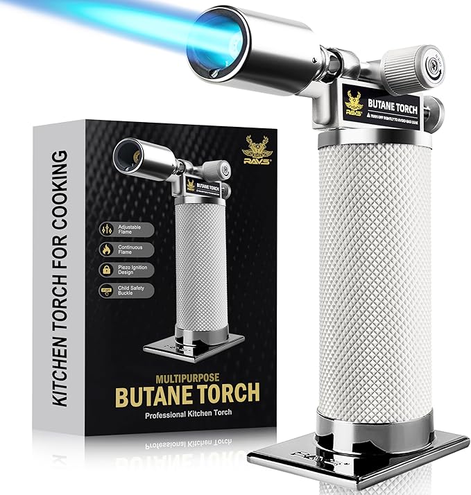 RAVS Butane Torch Lighter Refillable, White Kitchen Torch with Adjustable Flame, Creme Brulee Torch for Baking, Welding, Christmas Stocking Stuffers Gifts for Women, Cooking Torch Butane Not Included