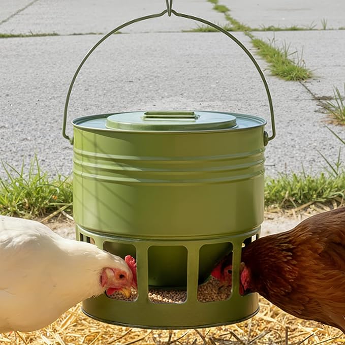 Hanging Chicken Feeder – 20lbs Metal Chicken Feeder, Adjustable Poultry Feeder with 12 Ports, No Installation & Universal Height Design (Avocado Green, 20lbs)