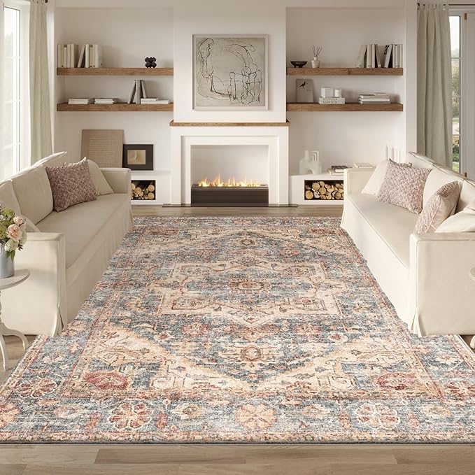 Area Rug 6x9 Large Living Room,Machine Washable Rugs,Stain Resistant Soft Thin Non-Slip Carpet,Neutral Boho Vintage Home Decor,for Indoor Bedroom,Office,Farmhouse,Dining