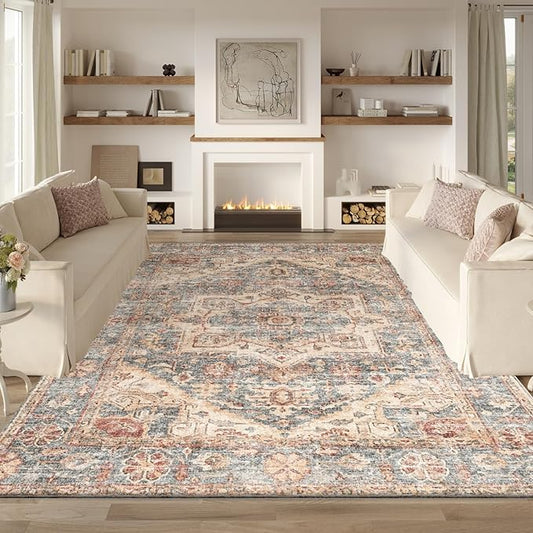 Area Rug 6x9 Large Living Room,Machine Washable Rugs,Stain Resistant Soft Thin Non-Slip Carpet,Neutral Boho Vintage Home Decor,for Indoor Bedroom,Office,Farmhouse,Dining