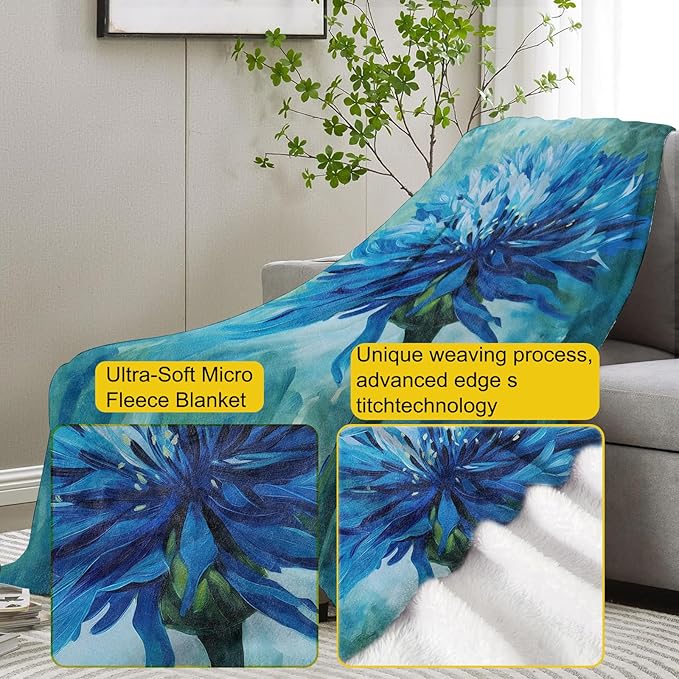 Cornflower Blanket, 50"x60" Blue Blossom Floral Flannel Fleece Throw for Kids & Adults, Ultra-Soft and Warm Home Decor Blanket, Cornflower Gifts