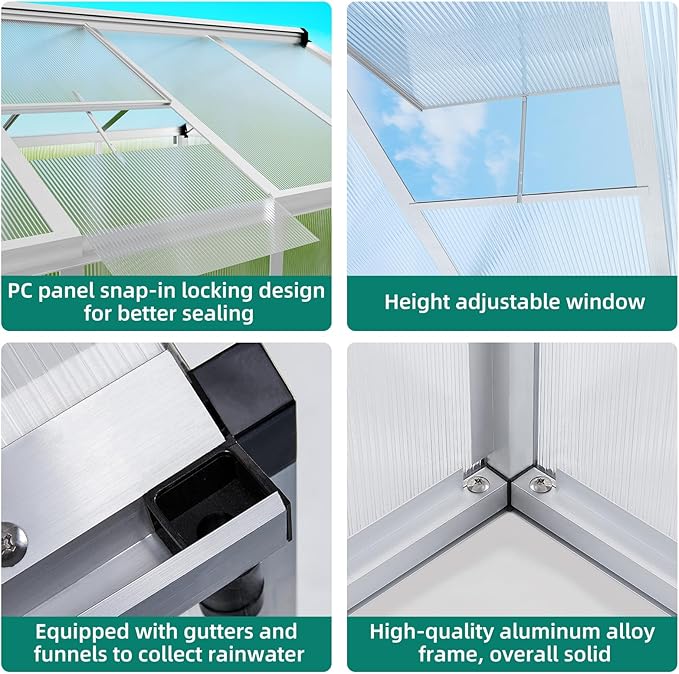 6x8 ft Greenhouse, Large Aluminum Greenhouses for Outdoors, Heavy Duty Polycarbonate Greenhouse with Roof Vent, Walk-in Green Houses for Winter Garden, Backyard, Patio, Lawn, Easy Assembly
