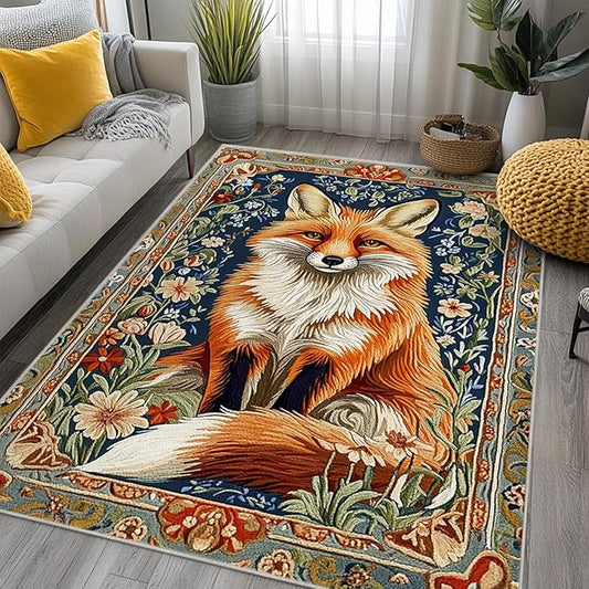 4x6 Fox Area Rugs Boho Floral Flower Rug for Living Room Indoor Soft Non-Slip Thin Large Carpet Vintage Rugs for Bedroom Home Decor Under Table Washable Machine