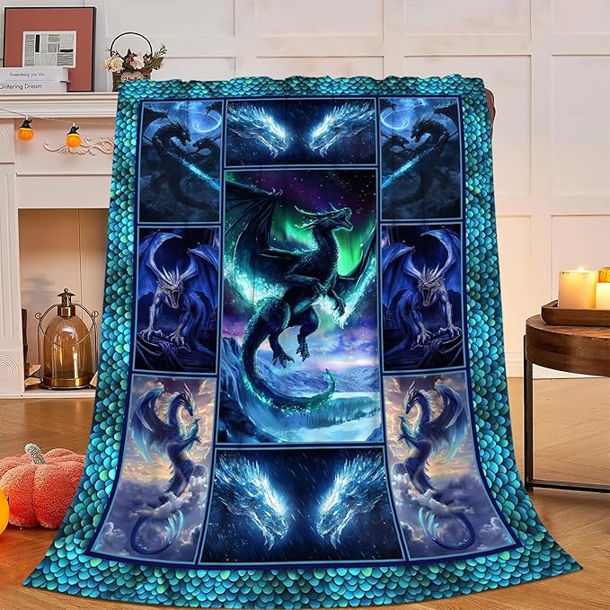 Dragon Blanket, Dragon Throw Blanket, Dragons Gifts Blankets Stuff Fleece Flannel Plush for Men Boys Women Girls Lovers Adults Soft Bedding Gift for Sofa Bed Office Home Decor 80"x60"