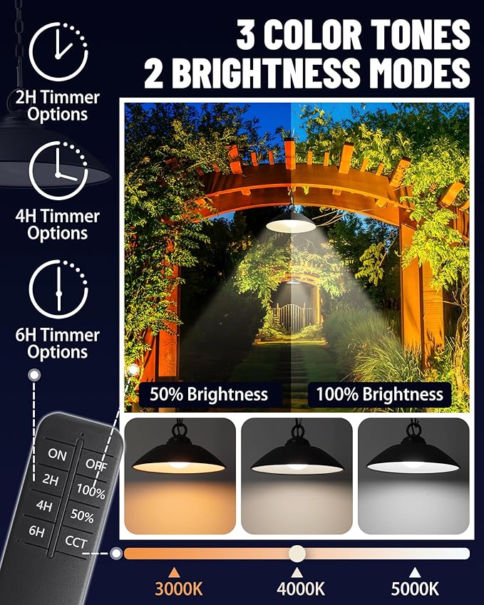 Solar Pendant Lights with Remote Control, 3 Color 2 Brightness Mode Timer 8 inch Outdoor Hanging Shed Gazebo Chandelier Lamp Chicken Coop Barn Porch Light, Dusk to Dawn, 1 Pack