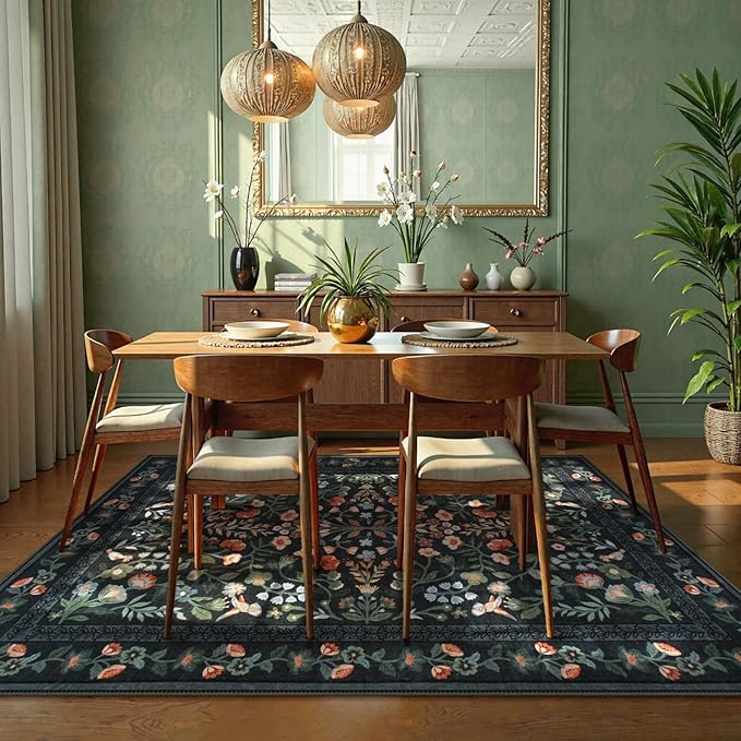 Lahome Floral Washable Area Rugs 8x10, Non-Slip Living Room Carpet Soft Tumble Washable Rugs for Bedroom Nursery, Vintage Botanical Print Carpet for Classroom Kids Room Dining Room, Black