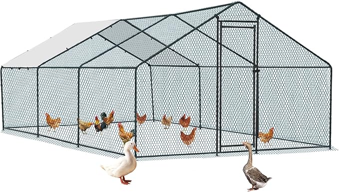 VINGLI Chicken Coop, Large Metal Poultry Cage for Chicken Run, Walk-in Chicken Pen with Waterproof & Anti-UV Cover Outdoor (Black-Spire Roof, 19.7 * 9.8 * 6.5 ft)
