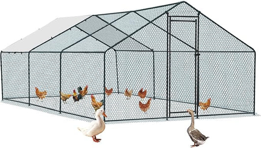 VINGLI Chicken Coop, Large Metal Poultry Cage for Chicken Run, Walk-in Chicken Pen with Waterproof & Anti-UV Cover Outdoor (Black-Spire Roof, 19.7 * 9.8 * 6.5 ft)