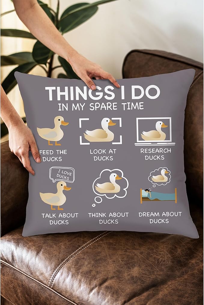 Funny Duck Throw Pillow Covers 18 x 18-Things I Do in My Spare Time Duck Decorative Pillow Covers,Funny Duck Gifts,Duck Gifts for Duck Lovers,Duck Themed Gifts for Women,Duck Decor (Gray)