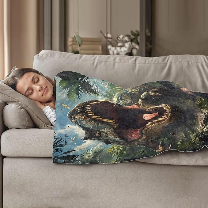 Dinosaur Pattern Throw Blanket 60"x80", Adventure Lover Blankets for Living Room Decor, Soft Flannel Polyester Dinosaur Gifts for Boys Kids