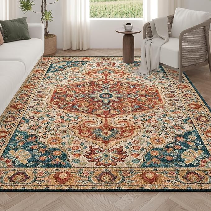 Area Rug 4x6 Brown Living Room Rugs,Machine Washable Rug,Stain Resistant Soft Thin Carpet,Boho Vintage Home Decor,Indoor Non-Slip Rugs,for Bedroom,Office,Farmhouse,Dining