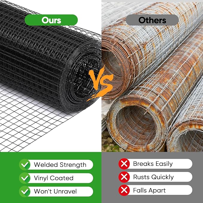 Black Hardware Cloth 48in x 100ft – 19 Gauge Vinyl Coated Steel Wire Mesh Roll, 1" Square Welded Fence for Chicken Coop, Garden Barrier, Animal Control, Outdoor Pet Enclosure, Rodent Proofing