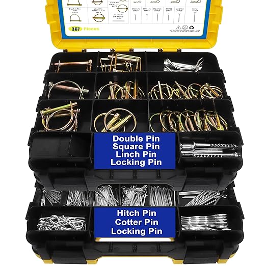 367 PCS Heavy Duty Pin Assortment Kit, Hitch Pins R Clip PIns/ Hair Pins/ Lynch Pins/ PTO Pins/ Cotter Pins/ Clevis Pins for Trucks Trailers Tractors Mowers 3 Point Accessories, Farm, Lawn and Garden