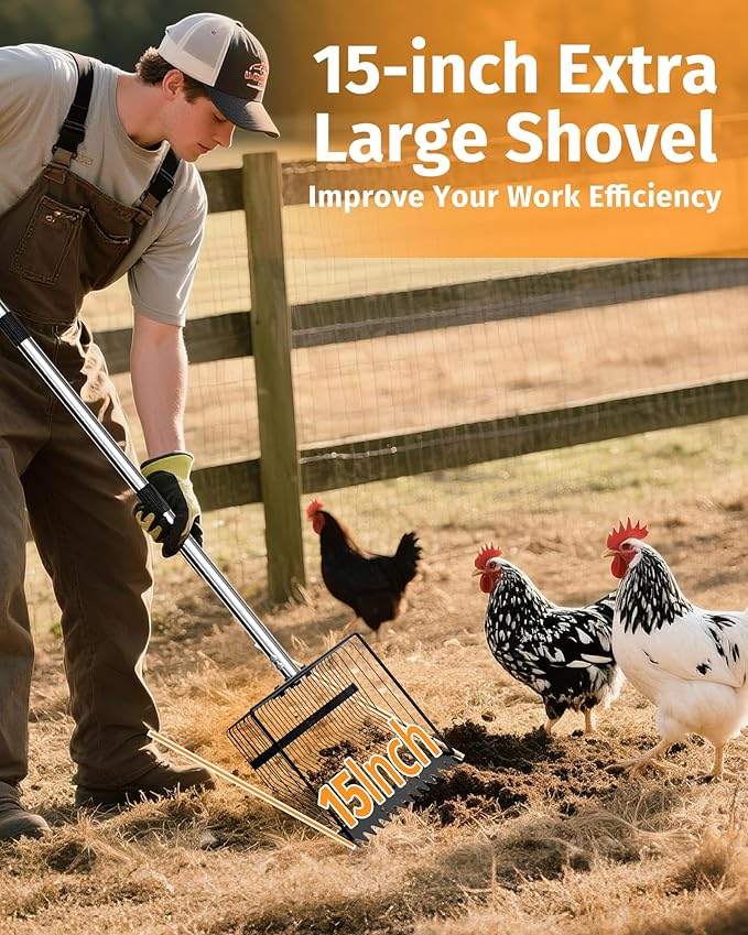 2-in-1 Chicken Poop Scooper & Rake, 15" Heavy-Duty Litter Sifter with 36–75" Stainless Steel Handle, Sand Sifting Shovel & Cleaning Tool for Chicken Coops and Runs, U.S. Patented