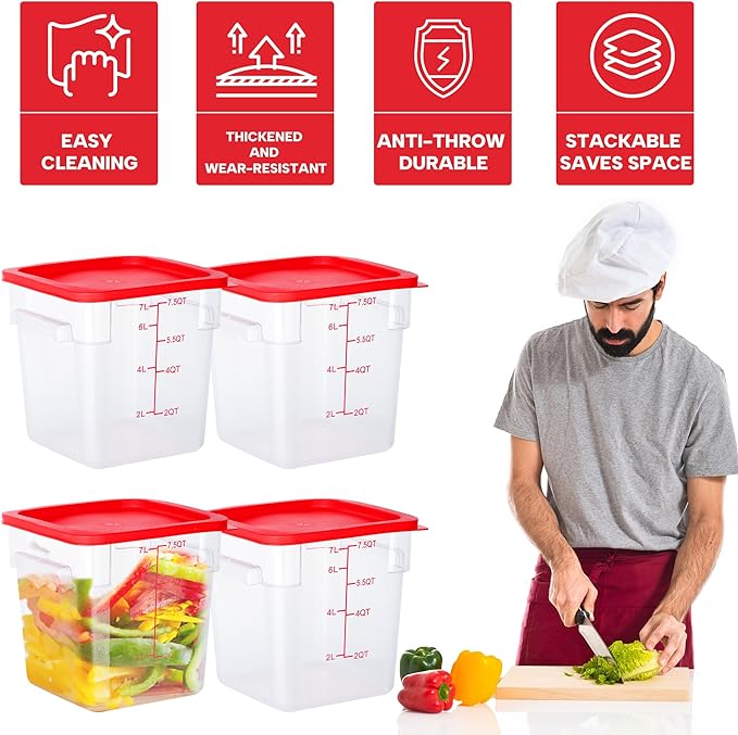 4 Pack Food Storage Containers, 8 Quart with Lids, Square Commercial Containers with Scale, NSF, Polycarbonate, Clear