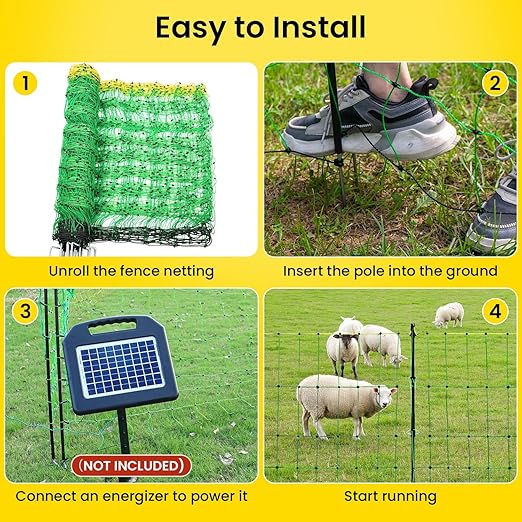 Electric Fence Netting, 42.6" H x 164'L Electric Anti-Predator Poultry Fence, PE Net Fencing Kit with 14 Posts Double Spiked, Movable Livestock Nets for Sheep, Hogs, Cattle and Other Poultry