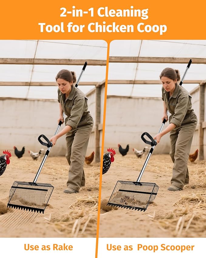2-in-1 Chicken Poop Scooper & Rake, 15" Heavy-Duty Litter Sifter with 36–75" Stainless Steel Handle, Sand Sifting Shovel & Cleaning Tool for Chicken Coops and Runs, U.S. Patented
