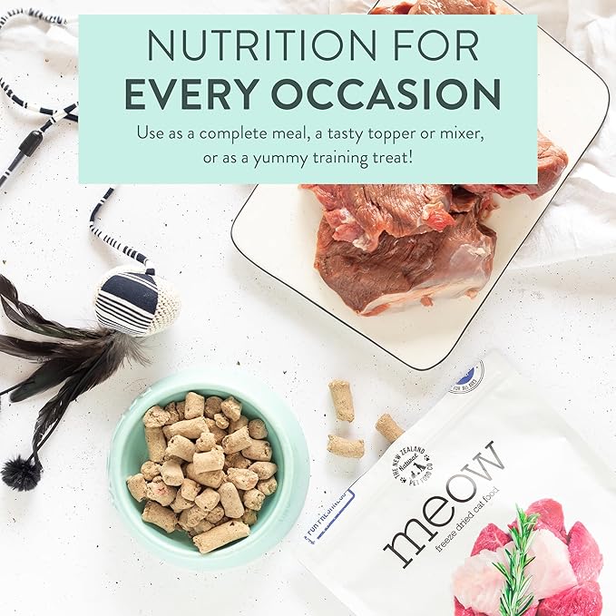 The New Zealand Natural Pet Food Co. Meow Freeze Dried Cat Food - Lamb & Hoki Recipe, High Protein Treats, Meals & Toppers, Dry Cat Food, 9.9 oz