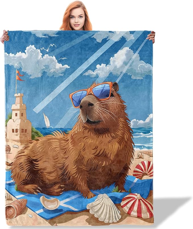 Fun Capybara Beach Pattern Throw Blanket 40"x50", Quirky Animal Lover Blankets for Living Room Decor, Cozy Flannel Polyester Capybara Gifts for Women Kids