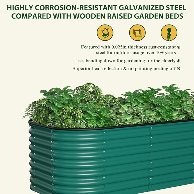 MUPATER 9-in-1 Galvanized Steel Planter Box, 24''H Modular Garden Bed Outdoor with 2 Aluminum Support Rods, 6x3x2FT Raised Garden Bed Kit Oval for Herbs, Vegetables and Flowers, Garden, Green