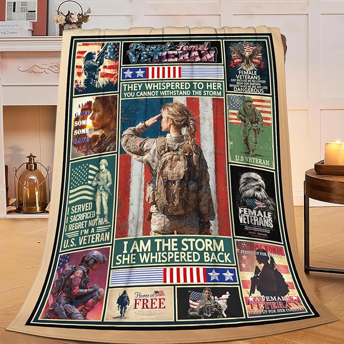 Patriotic Soldier Throw Blanket Female Soldier Flannel Blankets Women American Army Plush Super Soft Cozy Warm Decor Gifts for Boys Girls Kids Adults Men Women 60" x 80"