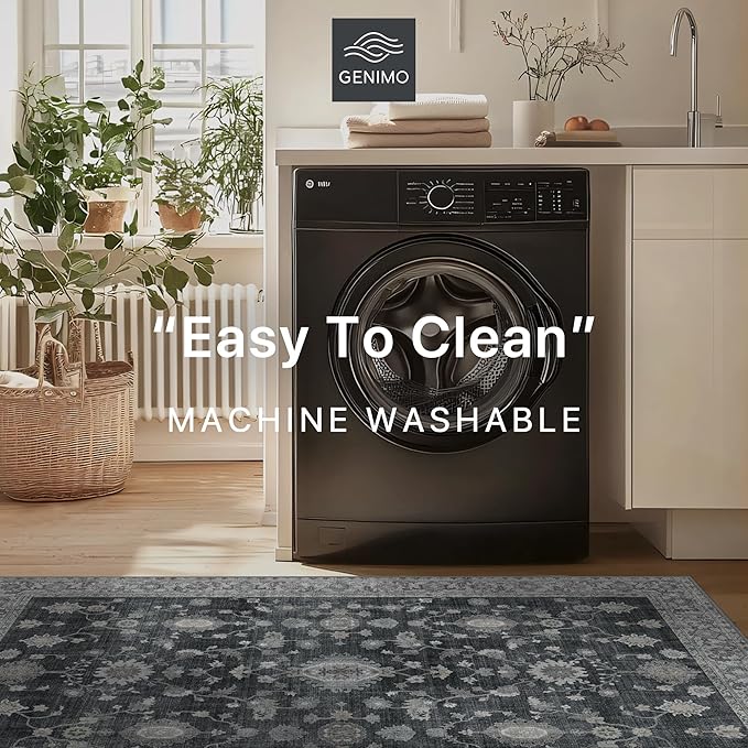 GENIMO Machine Washable 6x9 Area Rugs for Living Room, Non Slip Vintage Rugs, Low Pile Lightweight Chenille Print Rug for Bedroom, Dining Room, Home Office, Charcoal