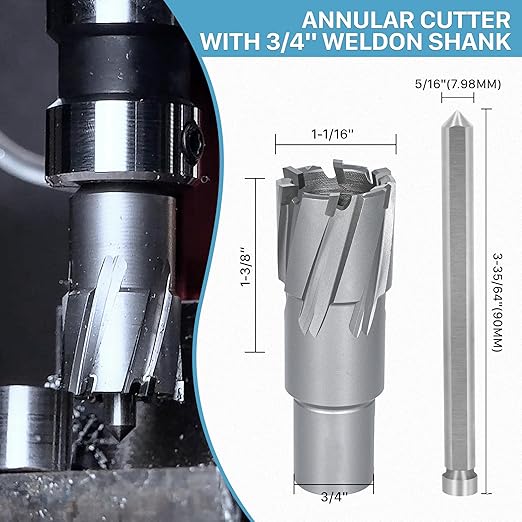 KEENTECH 2-PC Carbide-Tipped Annular Cutter Set, 11/16" Dia x 1-3/8" Depth, 3/4" Weldon Shank (2 Flat), High Speed Cutting TCT Mag Drill Bit with Pilot Pin for Harder Material