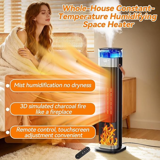 Tower Space Heater, Portable Electric Space Heaters for Indoor Use with Thermostat,Spray Humidification,3D Simulated Charcoal Flame,Remote,2000W PTC Ceramic Fast Safe Heating for Bedroom Home Office