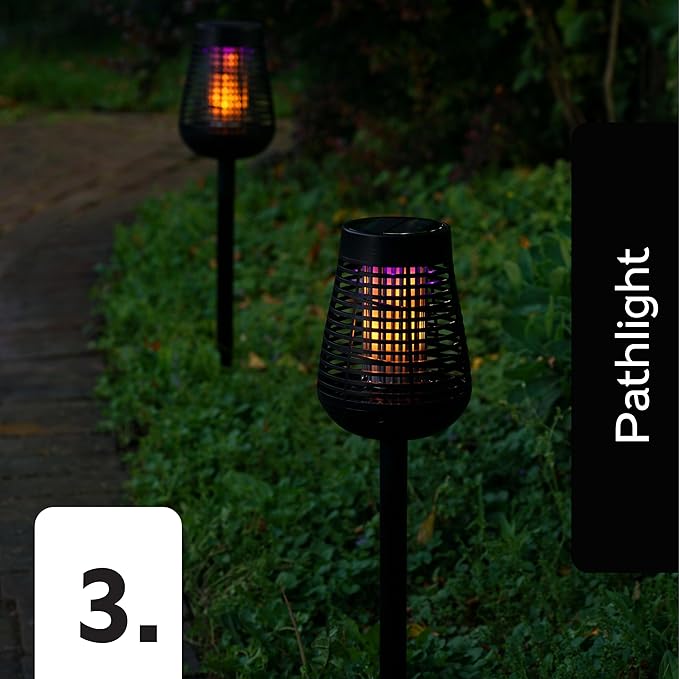 PIC Bug Zapper, 600V Solar Powered Insect Trap & Fly Zapper for Outdoor Use, LED Flickering Flame, Activates Automatically in Dark, Weatherproof Outdoor Fly Trap, Kills Bugs on Contact, Twin Pack